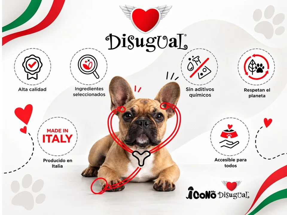 Disugual: alimento de alta calidad con ingredientes seleccionados, sin aditivos químicos, producido en Italia y accesible para todos.