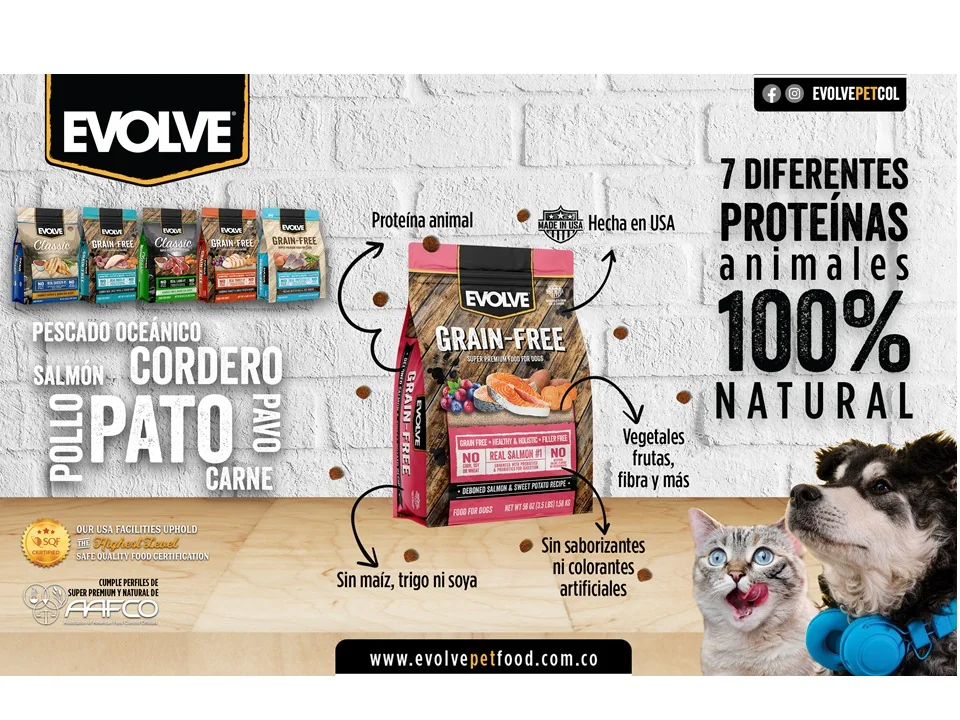 Evolve: siete proteínas animales, alimento cien por ciento natural, hecho en Estados Unidos y sin maíz, trigo ni soya.
