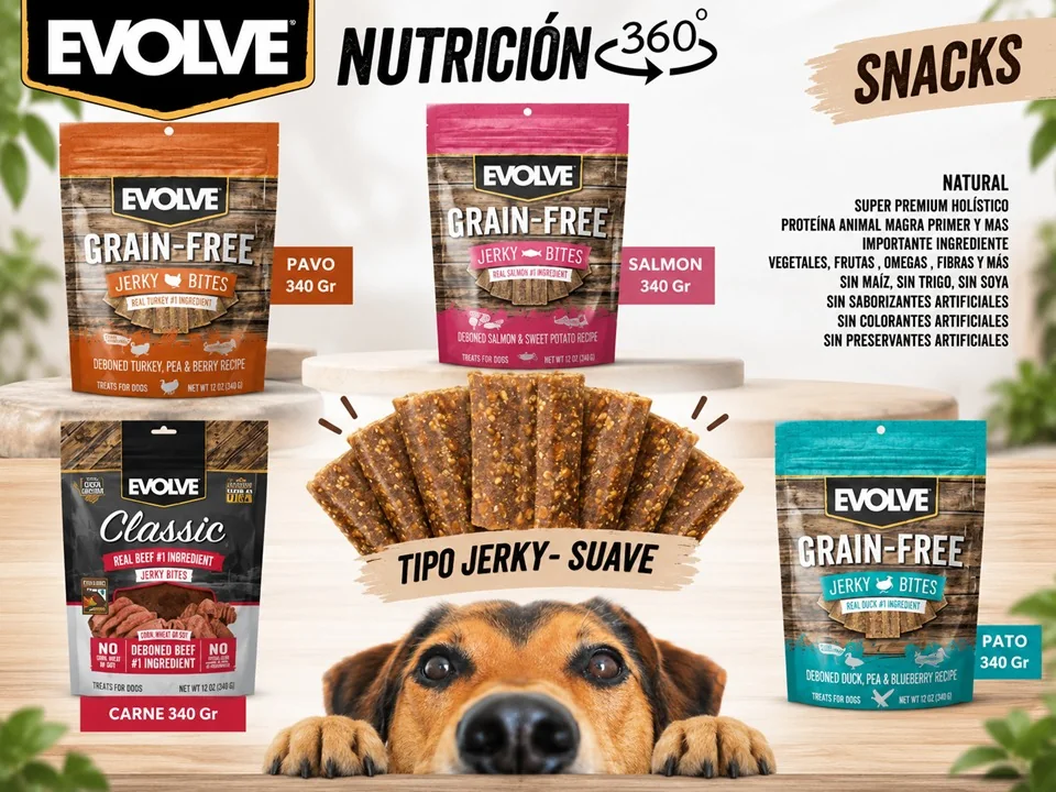 Evolve Nutrición 360: snacks suaves tipo jerky para perros, en sabores pavo, salmón, carne y pato.