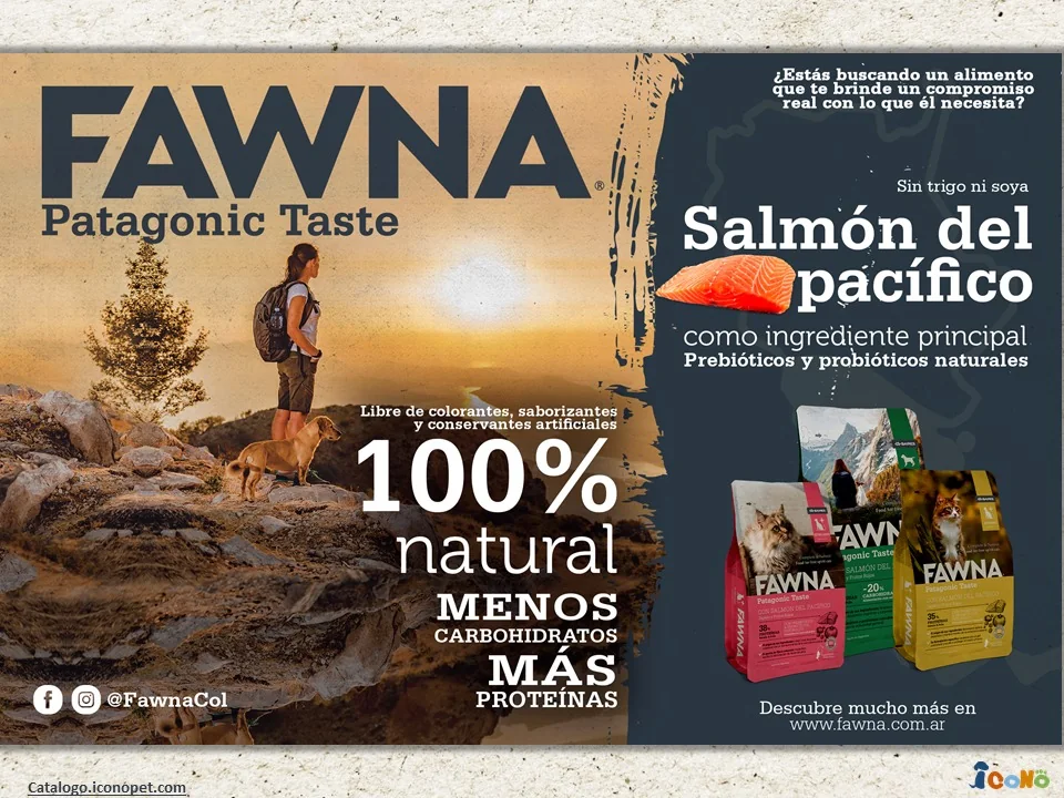 Fawna Patagonic Taste: alimento natural con salmón del Pacífico como ingrediente principal, prebióticos y probióticos naturales.