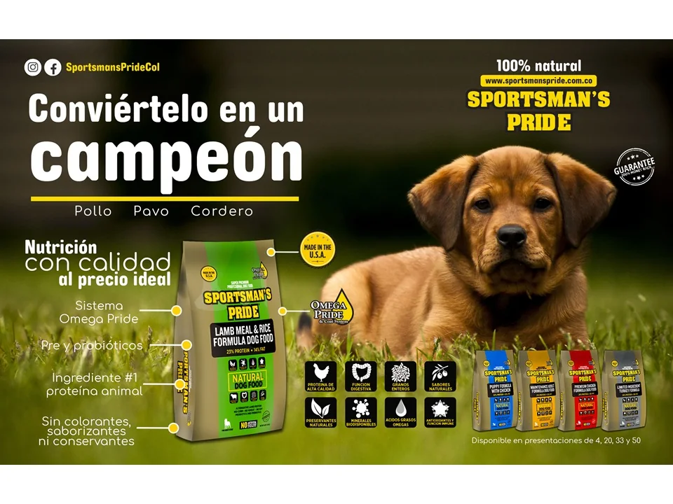 Sportsman's Pride: nutrición natural para perros con proteína animal, prebióticos, probióticos y sistema Omega Pride.
